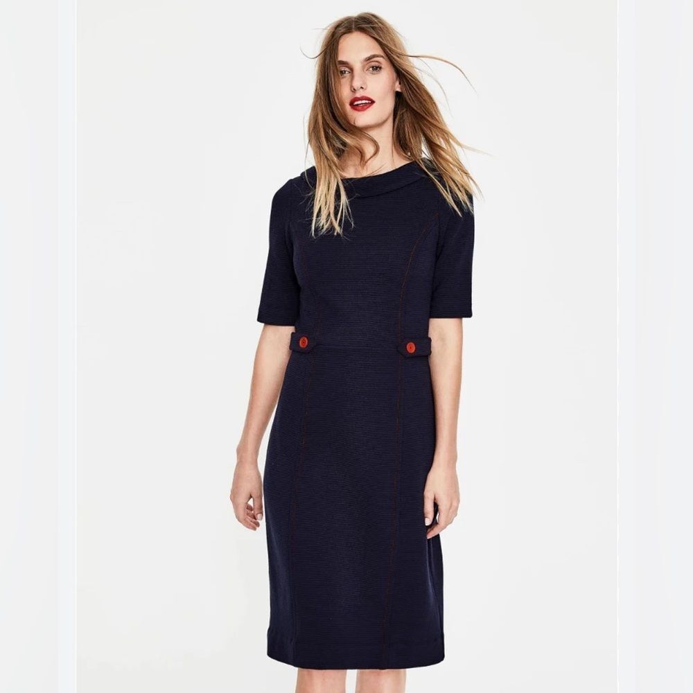 Boden Betty Ottoman Navy Blue Red Button Sheath Work Dress Knee Length Size 10